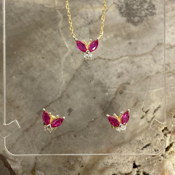 Gold Vermeil Sterling Silver Dainty Petite Ruby Butterfly Necklace & Earring Set - Picture 1 of 16